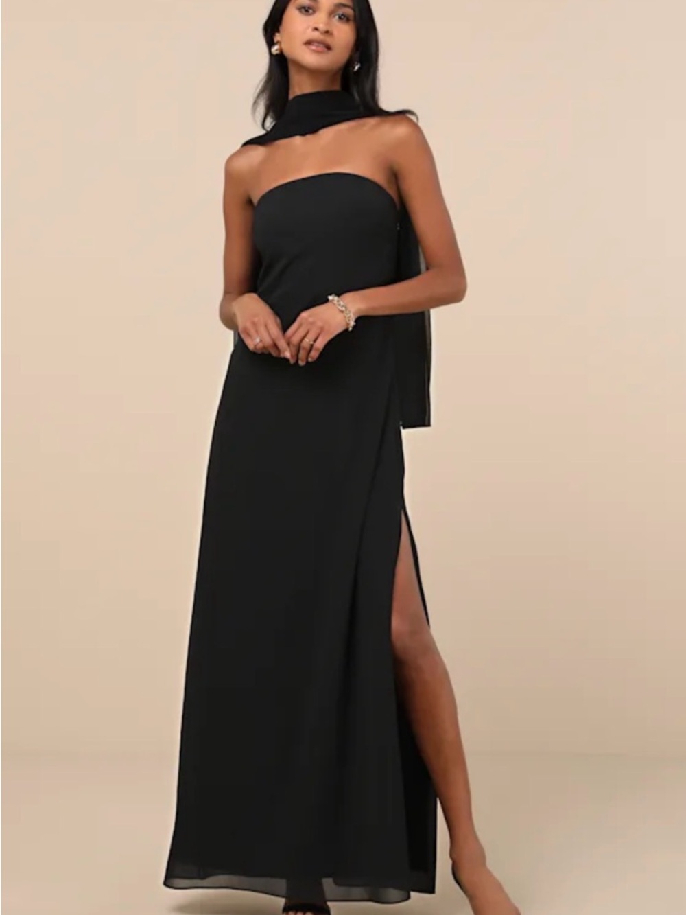 Lulu's Black Strapless High-Slit Maxi Dress with Scarf Detail